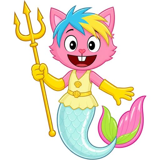 pink boy cat furry with blue and yellow hair and yellow very long rubber gloves holding a golden trident yellow dress tucked in light yellow and light cyan mermaid tail with white highlights with pink and green tail fins with pink highlights (happy tree friends)