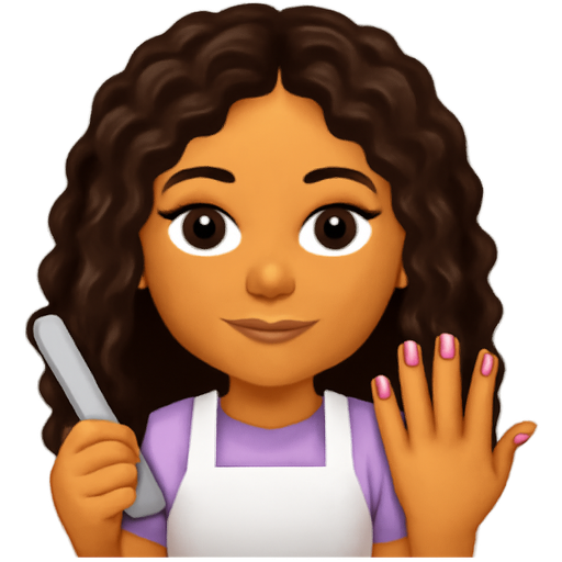 I want a girl with pretty long curly dark brown hair and she is wearing a cute outfit and she is a nail tech and her skin is tan but not too tan her nails are cute and she looks like she is ready to be a nail tech