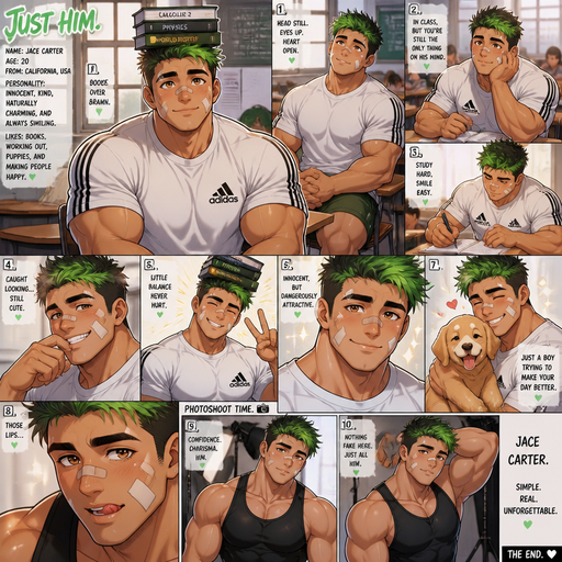A Full page Anime Comic book story about of a masculine and Bulky With Huge Arms and Pecs and the perfect Physique ANIME Cute Bara Man American 20 year old with a ROUND and BASIC facial structure and TENAGE BARA CUTE MALE who’s personality is Innocent and but smiles and is immediately Attractive and Hot without trying not to detailed With bigger than average Pecs that are visible through the shirt and Biceps and a big Bandaid on his nose and Left Cheek and Right Eye brow. Wearing a no piercings Baggy White Adidas Athletic shirt and Short and Green Hair and Bright Green Hair Tips and Strait with brown eyes and black eyebrows. Sitting down with his head still and his eyes looking up at you with a Hot,Cute and Dreamy smile And Balances Books on his head and doing other cute and Hot stuff in classrooms and Licking his lips and wearing a Black Tank top at a Photoshoot. And does all this posses that make him look Hot