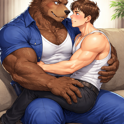 A Full BODY and FACE of a Muscular and Buff and a Gigantically Muscular with Chunky Gigantic Pecs AND biceps and a BIGGER head with the Perfect Waist. VERY Masculine and handsome ANIME Animated Bara Furry Grizzly Bear with a VERY Good-looking and Mature Face and brown eyes with a wrestler type body and Hair on his chest. Wearing a Button up Blue Delivery man Uniform and White shirt under it. With his buff human Crush and Blushing. Putting his Hands around his Waist. sitting on His lap Lap. Looking at each other. On a Couch