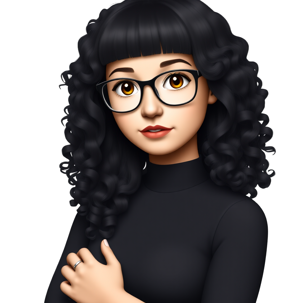 A young woman with long black curly hair and a micro straight bang, brown eyes all dress in black with big glasses and a septum piercing