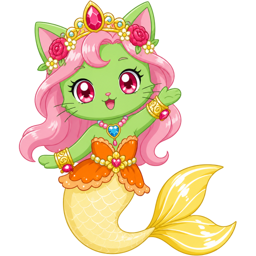 green cat with light pink hair red and flower light cyan crown pink and blue necklace golden and golden bracelets orange dress attached to long light yellow mermaid tail with white highlights with yellow tail fins with white highlights (jewelpet anime)