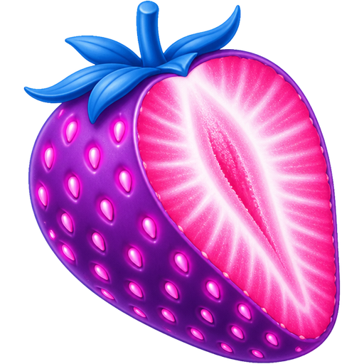 A purple strawberry with a blue stem glowing pink seeds and a vibrant bright Pink and White colored inside layer only one half