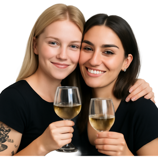 A blonde girl with a tattoo on her shoulder holding a class of white wine also hugging a brunette girl with 2 ear piercings on both sides and one nose ring also holding a glass of white wine