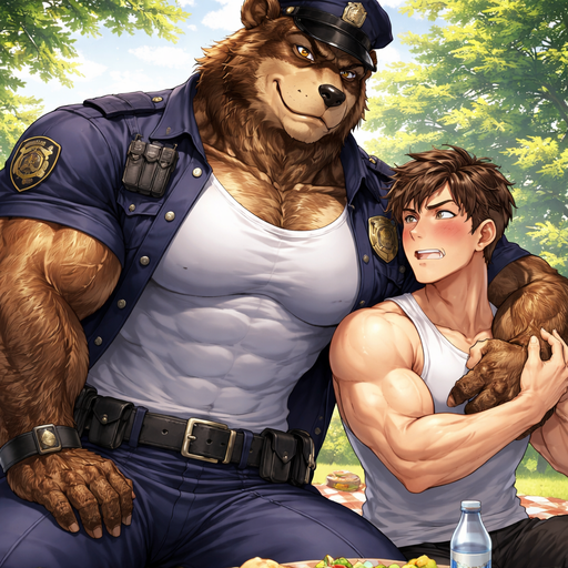 A Full BODY and FACE of a Muscular and Buff and a Gigantically Muscular with Chunky Gigantic Pecs AND biceps and a BIGGER head with the Perfect Waist. VERY Masculine and handsome ANIME Animated Bara Furry Grizzly Bear with a VERY Good-looking and Mature Face and brown eyes with a wrestler type body and Hair on his chest. Wearing a Policeman Uniform and White shirt under it looking at his buff human Boyfriend that’s Blushing. On a Picnic. With his boyfriend leaning on and Messaging his Arms