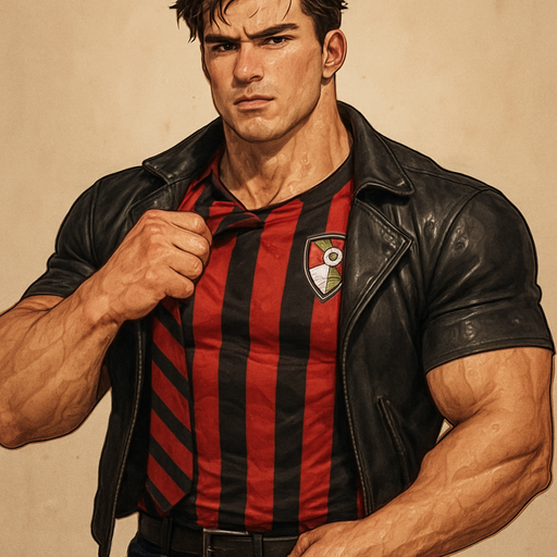 A Buff, Muscular, huge and Hot Man. In a School Boy’s Uniform and Tie with Black Pants and a Leather Jacket over that. In a AFC Bournemouth Jersey Shirtlifting Brown hair and brown Eyes. Grabbing His tie and Drenched in Sweat