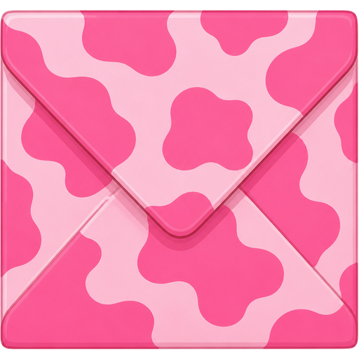 ghibli style | bubble-gum-pink and hot pink cow print square envelope | eye-level view | pov: close-up + front and center
