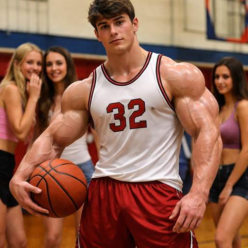 A Real life Full Body Image of an Incredibly Muscular American White skinned Teenager with a Basic and Round Facial Structure with Dark Brown hair and brown eyes and Arms and Pecs with a Tall Grotesque wrestler’s body. At Basketball Practice with a Short Jersey and girls looking at Him
