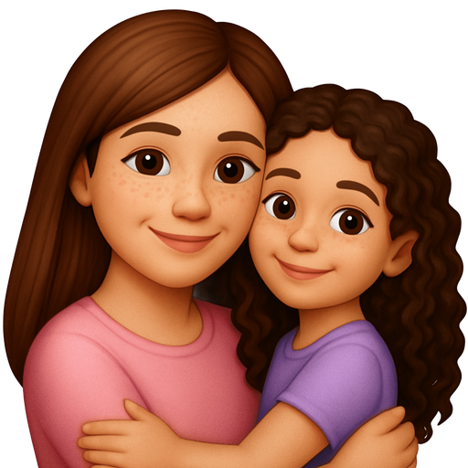 Mother with long brown hair and a light pink shirt freckles on face with her daughter who’s 9 and has long brown curly hair and wearing a lavender shirt they’re hugging