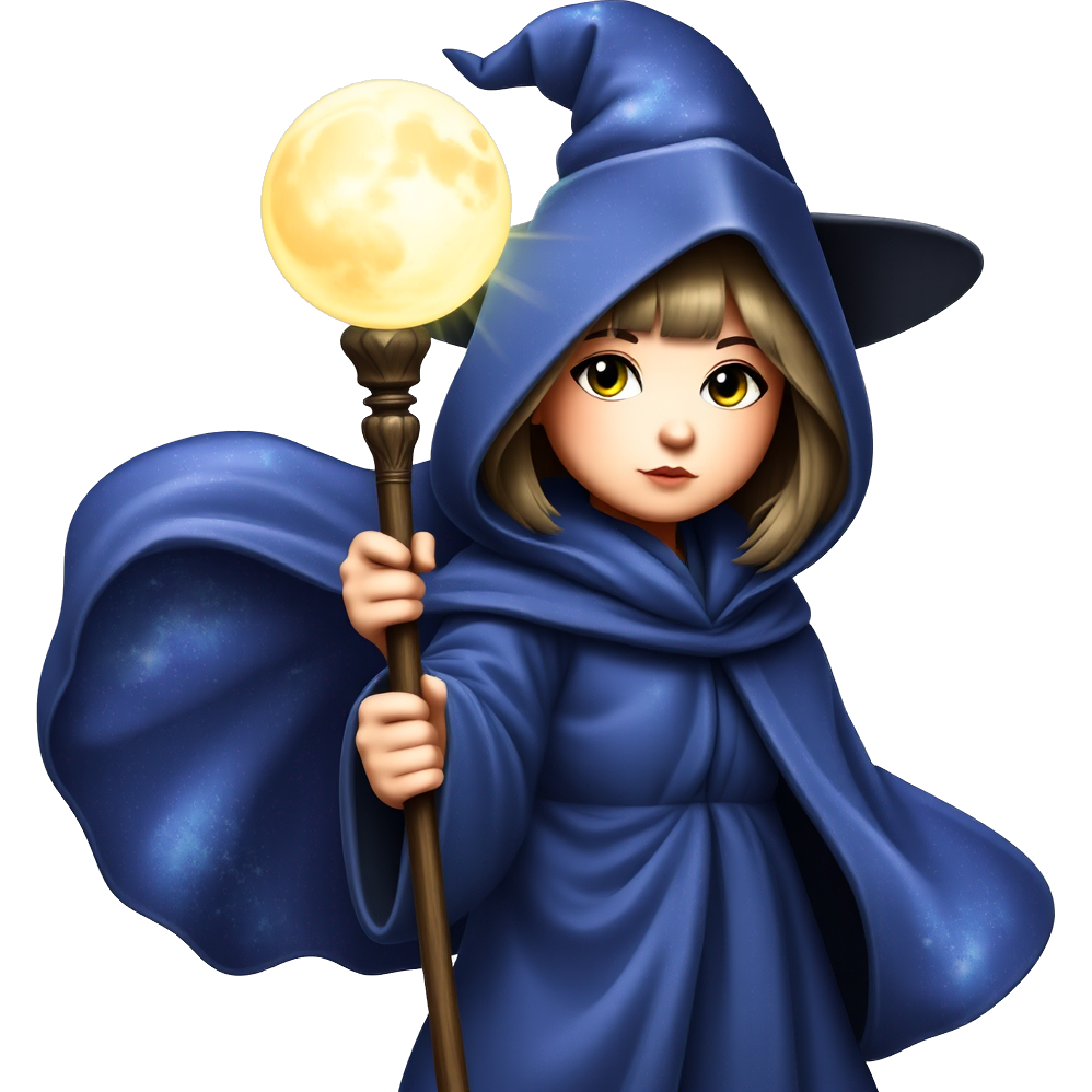 "Celestial Sorceress" - A mystic girl cloaked in shimmering starry robes, with a galaxy-patterned cape swirling around her. She wields a staff adorned with a glowing moon crystal, and her wide-brimmed hat sparkles with constellations. Her eyes twinkle like distant stars, radiating enchanting power and celestial wisdom.