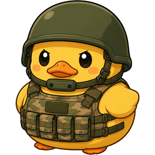 The Private Duck Sprite wears a dark olive-green military helmet complete with a tiny, strap-on chin guard. Its bright yellow feathers contrast sharply with a miniature camouflage tactical vest strapped across its chest. This combat-ready look gives the small, round duck a comical yet highly determined soldier aesthetic.