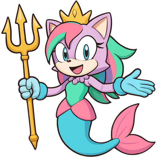 sonic x style version light purple anthro cat smiling with pink and green and yellow hair blue green eyes golden crown with light purple necklace light cyan braclets cyan and green dress with pink skirt attached to cyan and light blue mermaid tail with pink tail fins pink and cyan gloves holding a golden trident poses like merna the merhog sonic x style version