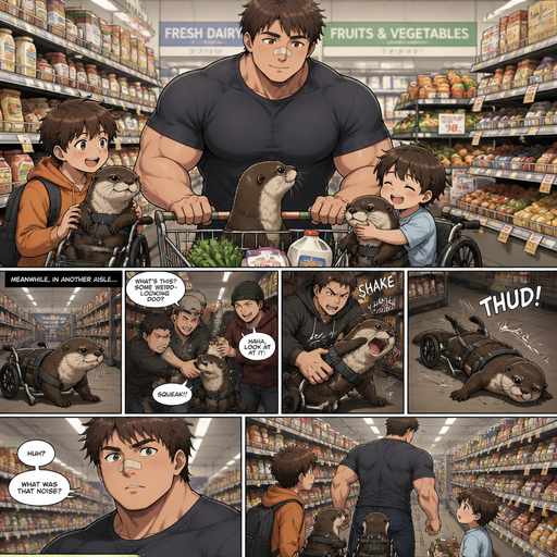 A DETAILED AND LIFELIKE ANIME Comic Book story view of a Bulky but Muscular ANIME Cute Bara Man With Peach toned skin Who looks Normal aind round facial Structure and Basic facial structure With Puffy and Big Pecs that are visible through the shirt and Biceps and Bandaid on his nose and Brown Short and Strait hair. Wearing normal With his pet Grown and long and Owns HEALTHY, CUTE AND REALISTIC OTTERS in Dog Wheel Chairs and 2 little brothers that are in different ages but young. At the grocers store, And their otters cuddle. One of the otter getting shakedown by humans. it was in another aisle, so nobody was there. And it ends up laying on the floor