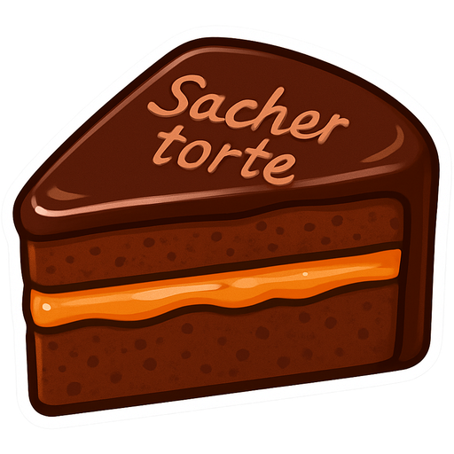 cute sticker of a slice of Sachertorte chocolate cake with glossy chocolate glaze and apricot jam layer inside, cartoon style, thick white sticker outline, simple background, vibrant colors