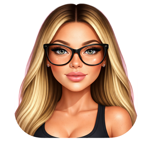 40 year old baddie with slightly full lips a slight bumpy nose round face cheek bones with freckles almond shaped GRAY colored eyes lashes shiny nose piercing fair skin with freckles across nose with shiny nose studlong straight blonde hair and dark roots parted in the middle serious and large black glasses wearing a black tank top in front of a pink background