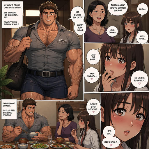 A ANIME LIFELIKE Comic Book Story of a Bulky but Muscular ANIME Cute Bara Man With Peach toned skin Who looks Normal and a huge and Masculine round facial Structure and Basic facial structure With Puffy and Big Pecs that are visible through the shirt and Biceps and Bandaid on his nose and Brown Spiky hair and His Hair Curls At the tip of strands. Wearing a work uniform shorts and has a Hairy body and looks very manly like a Dad but isn‘t one. and Attractive and Hot. His Mom‘s friend comes over and Brings her daughter, And the Mom‘s friend‘s daughter sees him walk through the door looking big and Bulky with the Perfect Physique and sweaty looking SO irresistible and they eat dinner and she can’t stop looking at her