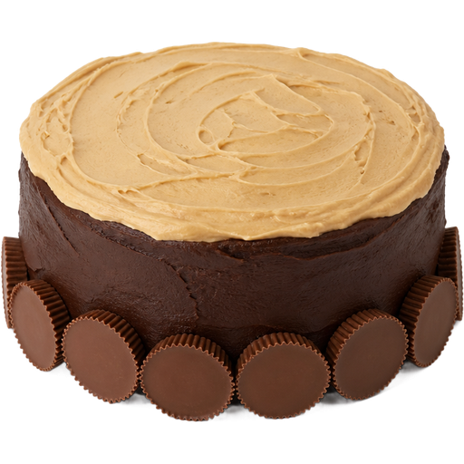 Whole PB Chocolate Cake with Peanut Butter Buttercream Frosting on Top along with Peanut Butter Cups going around it