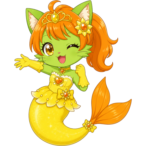 green cat anthro with yellow dress attached to long yellow mermaid tail with orange fins yellow gloves orange hair jewelpet sunshine version