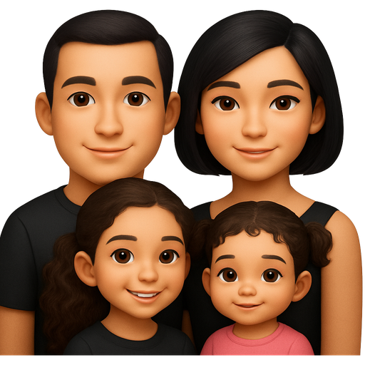 a family of four. The father is on the left, with an oval face and pleasant, almost perfect features, and very short black hair. Next to him, slightly to the right, stands the mother, with a sleek bob haircut and shiny black hair, wearing a black dress that is only visible from the bust, elegant and gentle, giving the impression of watching over her children. Just below her is the little girl, small and adorable, with curly hair tied in a short to medium style, wearing pink, her favorite color, visible on her outfit. To the left of this little girl stands her older sister, slightly taller, very beautiful, with wavy curly hair tied in a long ponytail, wearing a stylish black t-shirt, with a joyful and confident expression. The whole family is grouped together harmoniously, creating a warm and affectionate atmosphere, with soft colors for faces and hair, and touches of black and pink on the clothing, making the scene both cute, natural, and stylized.