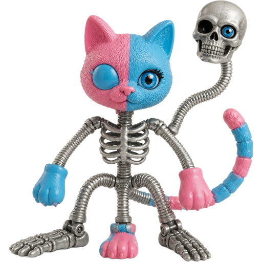 toy pink and blue cat head one blue doll eye are on right toy pink and blue cat paws skeleton like body made of sliver flexible hoses toy pink and blue cat tail with sliver human skull head with blue doll eye on left eye socket attached to sliver flexible hose 3 spider like legs made of sliver flexible hoses with attached 2 endoskeleton feet 1 toy pink and blue cat foot ( happy meal toy version)