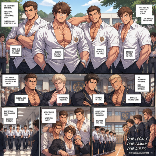 A Full Body Comic Book story view of a Hunky but Muscular ANIME Cute Bara Man With Peach toned skin Who looks like his brother and With Beefy and Big Pecs that are visible through the shirt and Biceps and Bandaid on his nose and Brown and Strait hair. Wearing a baggy school uniform. With his 3 Manly and irresistible, Manly and Cute brothers that are jacked and total beefcakes in school and revivals with another family
