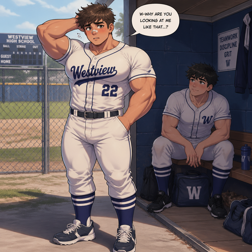 A Full Body view of a Bulky and Muscular and Chunky but more Muscle than Fat ANIME CUTE Bara Teenager Who looks Normal and American with a Basic facial structure With PUFFY and BIG Pecs that are visible through the shirt and Biceps with a cut on his nose. Wearing a Baseball Jersey. Questioning his male crush while his crush watches him and blushing when he sees him