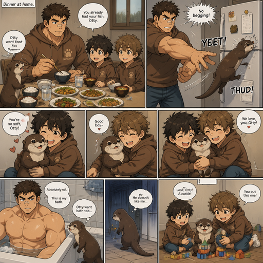 A DETAILED AND LIFELIKE ANIME Comic Book story view of a Bulky but Muscular ANIME Cute Bara Man With Peach toned skin Who looks Normal aind round facial Structure and Basic facial structure With Puffy and Big Pecs that are visible through the shirt and Biceps and Bandaid on his nose and Brown Fluffy and Strait hair. Wearing normal clothes and hoodie that matches his Family members so no one in the family got lost and With his pet Full grown and Healthy and long otter and 2 little brothers. And they at the house all eating dinner together and the otter begs for food. And the bigger brother throws him at the fridge and he lays there. And the otter sits in the laps of the brothers and they Cuddle and squeeze him and Love him and feel safe. And the big brother takes a Bath and the otter wants to take a bath with him it doesn’t doesn’t like the otter and won’t accept it.and the otter walks away sad and neglected but The little brothers let the otter play blocks with them