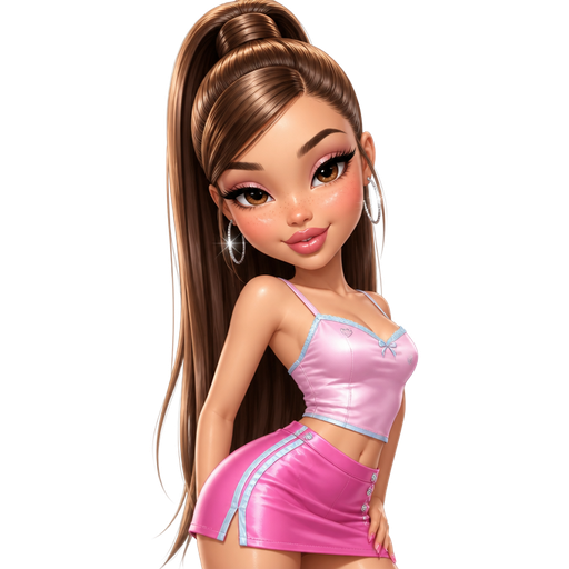 semi-realistic soft cartoon luxury glam, mini plush Bratz-doll aesthetic, cinematic glow, crisp clean detail, glossy glam skin. brown eyed Petite 5ft girl, fair skin with soft freckles, wide face with tall forehead, honey-brown almond wide-set upturned eyes, fluttery lashes, shimmer highlight, plush lips, bottom heavy lip, sweet Belle-princess vibe, long straight brunette hair with visible caramel highlights, wearing a bubblegum-pink fitted satin cami with icy-blue trim, a glossy hot-pink mini skirt with racing-stripe details and crystal button accents, silver hoops, hair in a super sleek high ponytail with a dramatic side swoop, makeup with frosty pink shimmer lids, crisp black liner, bright rosy blush, and a glossy candy-pink lip, posing with sassy polished energy and a smug cute smile