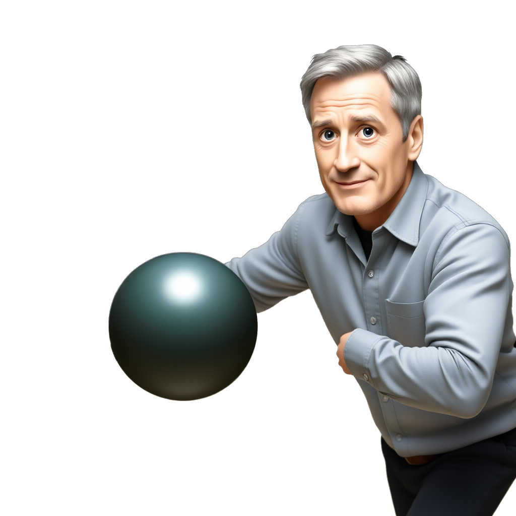 Man with gray hair and blue eyes at bowling alley swinging bowling ball down the alley with black background