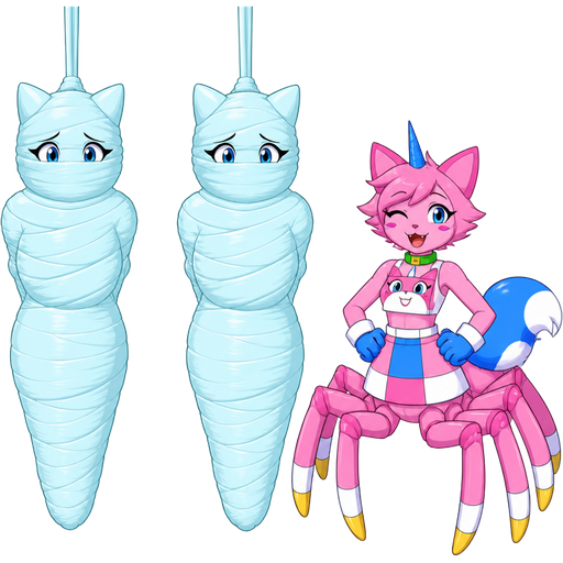 wrapped up and mummified fully covered in a #B8FFFF spider slik cocoon shaped like anthro female cat anthro worried arms behind back with #B8FFFF spider slik wrappings completely covered with thick layers non-transparent #B8FFFF spider slik wrappings hanged to the ceiling on the left side next to wrapped up and mummified fully covered in a #B8FFFF spider slik cocoon shaped like anthro female cat anthro worried arms behind back with #B8FFFF spider slik wrappings completely covered with thick layers non-transparent #B8FFFF spider slik wrappings hanged to the ceiling the left side next to happy anthro femboy pink cat drider with blue and white tail white wrists blue hands white ankles yellow tips on spider legs green collar blue unicorn horn wearing femboy clothing based on unikitty