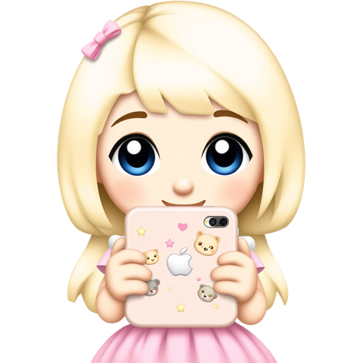 Adorable kawaii blonde girl with oversized sparkling blue eyes, wearing a pastel pink dress adorned with tiny stars. She's happily holding a pastel-colored iPhone decorated with cute animal stickers, surrounded by cheerful hearts and sparkles, exuding a sweet, youthful charm! β¨ππ±
