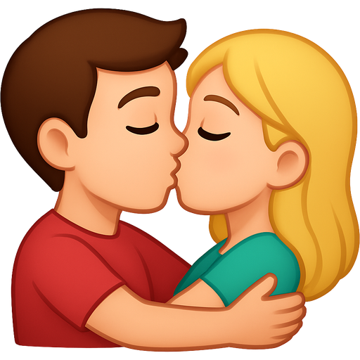Create please an emoji where will be the man with brown hair and eyes with his girlfriend. She has blond hair and blue-green eyes. They are hugging each other and kissing
