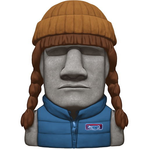official Apple Moai grey stone statue wearing a Patagonia vest and beanie with bangs, and cute long brown braided pigtails hair