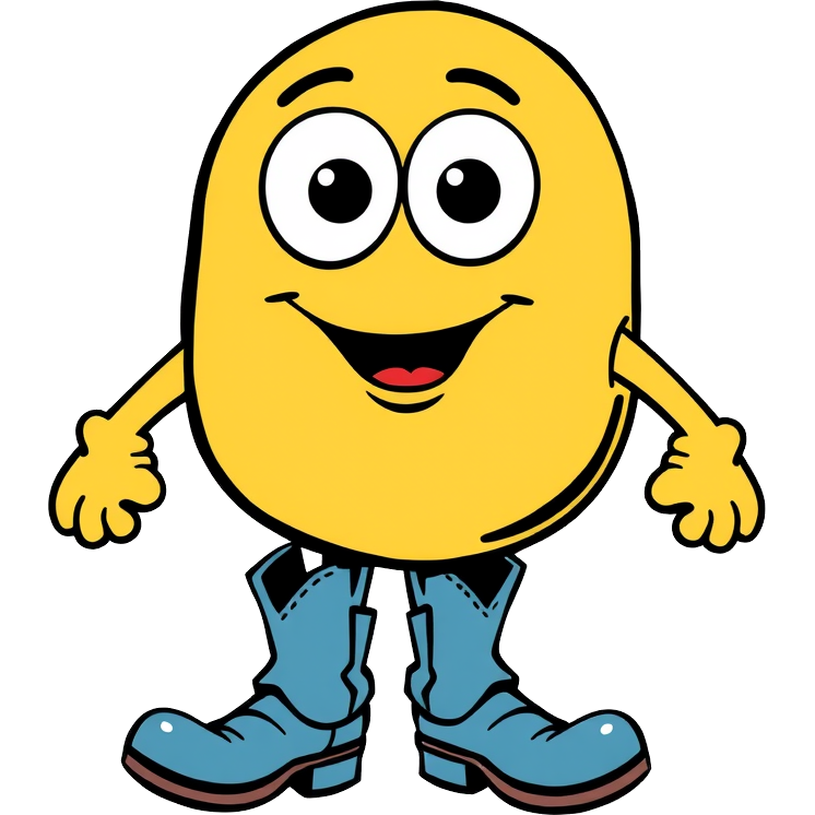 A blob googly eyes and the blob has arms and feet. On his feet are cowboy boots, they are blue. His hands are just blobs.