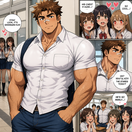 A REALISTIC AND comic book of a bulky but Muscular ANIME Cute Bara 20 year old With Peach toned skin Who looks Normal and a MANLY AND mASCULINE structure With Puffy and Big Pecs that are visible through the shirt and Biceps and Bandaid on his nose and Brown Spiky hair that points up. Wearing a white shirt and Jean‘s with a HAIRY MANLY v shaped body and a Snatchable waist and big and bulky upper body. At school she loves him