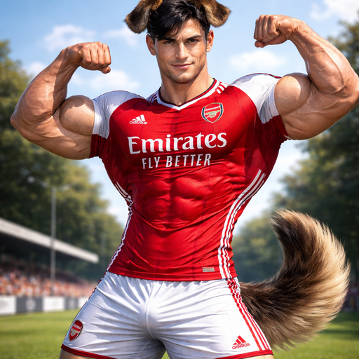 full Body and Face view of Buff, Huge, Muscular, Hot and Hunky With Huge Pecs and Biceps and Black Short Hair and Brown Eyes and Dog Ears and Tail. In a Tight Arsenal FC Jersey on. Flexing