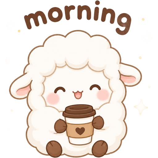 A white sheep smiling holding coffee, with words “morning” above! sparkles around, the image should be similar to mochi cat,