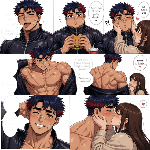 A Full page Anime Comic book story of the perfect combination of about of a MASCULINE and more BULKY thank defined ANIME Cute Bara Man American 20 year old with a ROUND and BASIC facial structure and TENAGE BARA CUTE MALE that is the perfect Combination of Attractive and Super hot and Cute and can be either one when he wants. Not to detailed With ginormous that are visible through the shirt and ginormous BICEPS and a big BANDAID on his nose and Left Cheek and Right Eye brow. Wearing a no piercings wearing a Leather Jacket that is zipped up but short and Navy Blue Hair and Bright Red Hair Tips and Strait with brown eyes and black eyebrows. And Licking his lips Super Sweaty and Hot from his run outside And then Eating some food with his crush and she has cute aggression due to his puffy cheeks and the she squeezes his cheeks. And He staked off his shirt and talks about all the scars he has. And she Kisses them