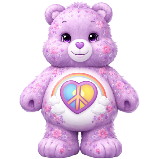 Peaceful Heart Lavender-Purple Care Bear Covered in Pink and light Purple Flowers and Heart Designs On the Fur with a Purple Heart-Shaped Peace Sign and Blue, Red, Yellow and Green in the middle of it with a Red, Yellow and Blue 3 Colored Rainbow in the Background on the Stomach and a Purple Heart nose