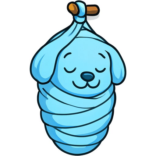 #B8FFFF completely slikworm cocooned blue puppy with covered #B8FFFF huge coating of #B8FFFF slik wrappings hanging on a wall