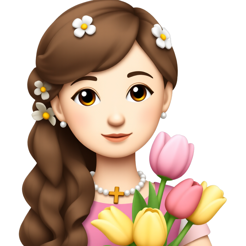 Girl with brown long curly hair, light skin, a mole above her right eye, flower earrings, brown eyes, a cross Pearl necklace around her neck, cute pink Dress,and with a bouquet of yellow and pink tulips