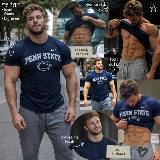 A Real life Full Body Image of a Dad with Dirty Blond hair and Brown Eyes with a Beard with Chunky Arms and Pecs with a Huge and Hunky Body and a Tiny Waist. Wearing A School Spirit Shirt. On the Street. Licking his Teeth. Makes you blush and Lifts his shirt, deducted in water and looks really attractive innocent and too cute and works out getting stronger and bigger