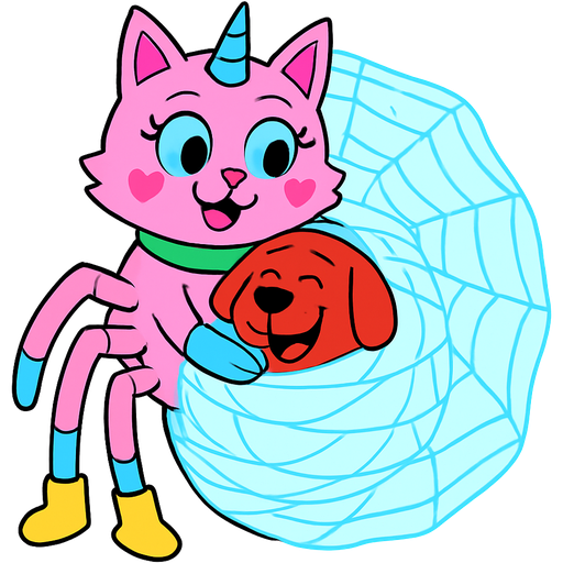 giant pink cat spider hybrid with blue unicorn horn green collar blue eyes with eyelashes heart shaped cheeks white wrists blue hands blue pink spider legs with white socks yellow boots cartoon character happy cuddling #B8FFFF cocoon slikworm cocooned pod big red dog happy covered with #B8FFFF huge coating of #B8FFFF spider slik and huge #B8FFFF spider slik wrappings and huge #B8FFFF spider slik webbing wrappings #B8FFFF