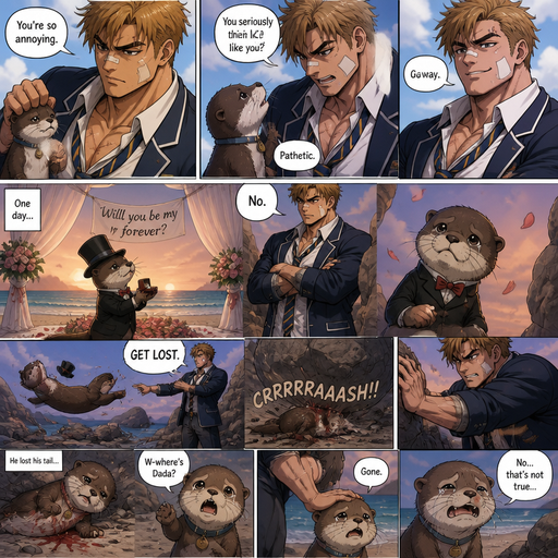 cle is bigger than average and less shredded or mus A Lifelike and Detailed Comic book story about of a Bulky and Beefy and every Muscle is bigger than average and less shredded or muscular with Chunky and Bulky chest and Biceps and his defined abs ANIME Cute Bara Man American 20 year old with a ROUND and BASIC facial structure and Young Adult BARA CUTE that is Peach Toned skin not anything else MALE not to detailed With bigger than average Pecs that are visible through the shirt and Biceps but slim and Athletic Lower body that makes have a V-Tapper Lower Body and a big Bandaid on his nose and Left Cheek and Right Eye brow with Scars all over his Chest and arms. Wearing a no piercings Wearing a baggy School Uniform and tie with Blazar and Pants and yellowish Brown Hair and Bright Light Brown fluffy Hair and Strait with brown eyes and black eyebrows with a Three finger Slash on his Eyebrow. With no Facial Hair.His Pet Otter that he excessively bullies that has a Collar and has a Huge Crush on him but he doesn’t like the otter back. And the otter one day dressed up really nice and with a top hat on creates a huge ceremony at the beach to marry him and he says no and the otter is throw at rock and a bolder falls and he pushes the rock down more and he looses his tail. and the otter’s baby asks were dada and he(the human) says gone the baby tries to deny it but saw the dad