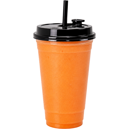 Papaya Lime Boost Smoothie with a 32oz PP Injection Cup and a Premium Plastic PP Black Lid with an Attached Stopper including a Straw on Top of It Blended with Papaya, Lime Juice and Almond Milk and it’s Coral Orange