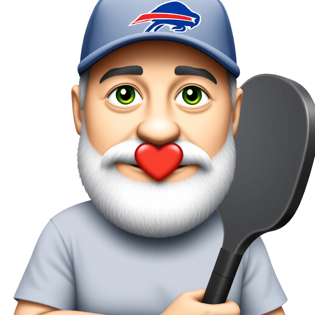 A green eyed pickleball player. He is shown from the waist up so his athletic shorts show at the bottom of the emoji. His face is slightly rounded and not long or gaunt because he is slightly overweight. He is facing straight forward. He has a very short stubbly gray and white full beard. He is wearing a buffalo bills ball cap and t-shirt. He has a small red valentine heart in the center of his chest. He is holding a pickleball paddle in his right hand off to one side.
