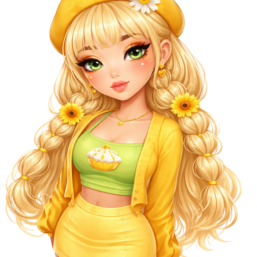 Lemon Meringue From Strawberry Shortcake with a Fair-Light Warm Vanilla Skin Tone and a Down-Turned Lip Shape Moving into a Supernova Eyelash Set Up and a Starry Eyed Lipstick Finish with a Ombré Yellow and Orange Eyeshadow with a High-Tail Arch Eyebrow and a Round Eye Shape Wearing a Yellow Beret with a Flower on the Top With Bright Blonde Hair and bangs with a Half up Hair-Style adding Bubble Braids and Yellow Sunflower Clip Scrunchies Wearing a Short Crop Yellow Long Sleeve Cardigan with a Green Double Layered Crop Top and a Lemon Meringue Pie on Top of it and a Yellow Skirt and Yellow Flats with an Adult Toned Build add Vivid And 3D Distinct Features and High Visual Texture in a Soft HD Intense Polished Shine