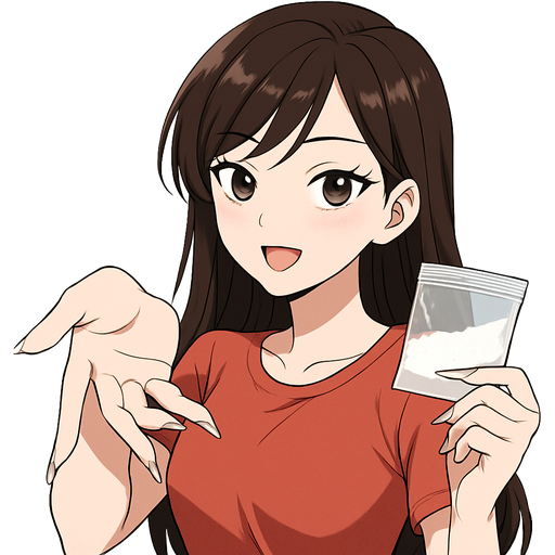 Very pretty girl with long, dark brown hair and side, swept bangs, scooping her arm toward herself as if trying to tell someone come here, curling her hand pointing toward herself extra long, pointy fingernails, long eyelashes, holding a baggie with white pressed powder inside of it with her other hand