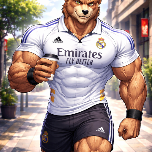 A Anime Full BODY and FACE of a Muscular and Buff with Gigantic Pecs AND biceps. VERY Masculine and handsome Bara Furry Bear with a Very Good-looking and Dreamy Face and Blue eyes with a wrestler type body. Dressed in a Real Madrid CF Jersey. Walking on the street Drinking Coffee
