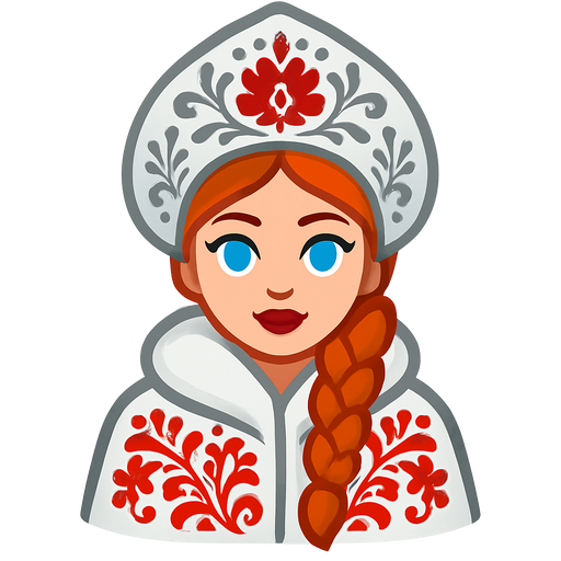 девушка с рыжей косой и голубыми глазами в #9B2D30, белый и серый кокошник и белая шуба с хохломской росписью